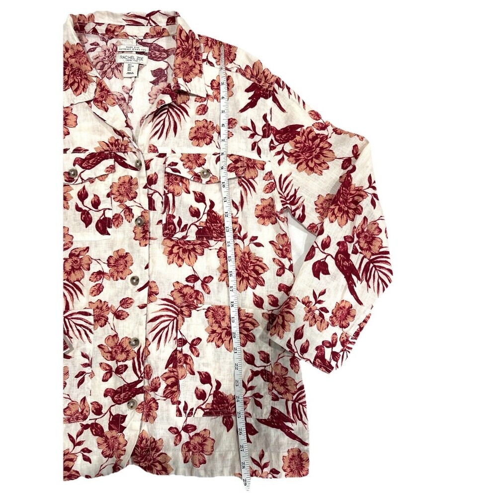 Rachel Zoe Button Up Linen Floral Bird Print Shirt Blouse Women L Missing Belt - Picture 6 of 9